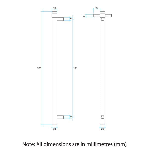 Technical drawing of Thermogroup vertical single-bar heated towel rail with dimensions in millimetres, side and front views.