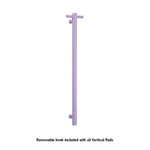 Thermogroup lilac satin vertical single-bar heated towel rail with removable hook on white background