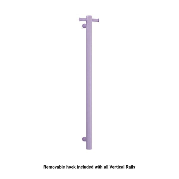 Thermogroup lilac satin vertical single-bar heated towel rail with removable hook on white background