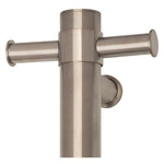 Thermogroup brushed nickel vertical single heated towel rail, close-up of flat pill top mount and wall bracket
