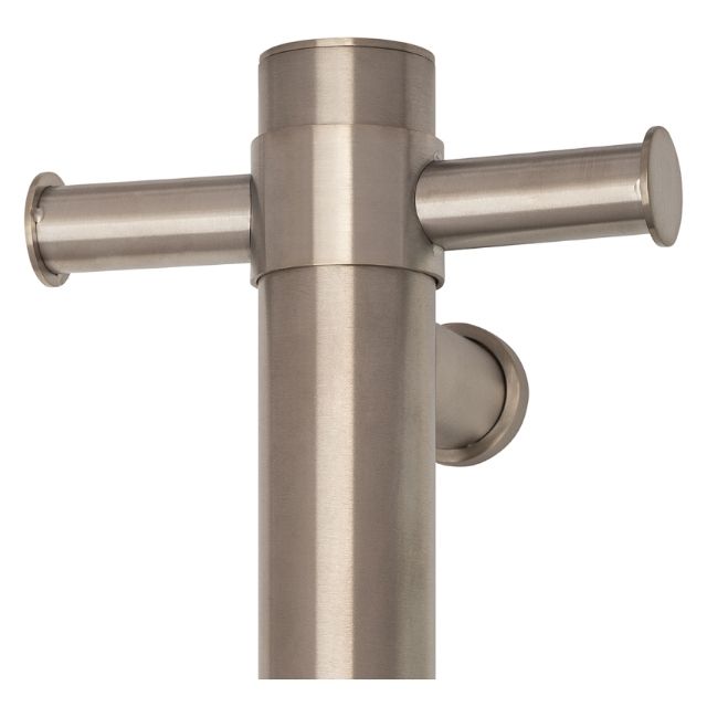 Thermogroup brushed nickel vertical single heated towel rail, close-up of flat pill top mount and wall bracket