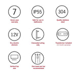 Product feature icons for Thermogroup heated towel rail: 7 year warranty, IP55, 304 stainless steel, 12V and concealed wiring