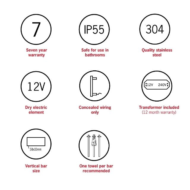 Product feature icons for Thermogroup heated towel rail: 7 year warranty, IP55, 304 stainless steel, 12V and concealed wiring