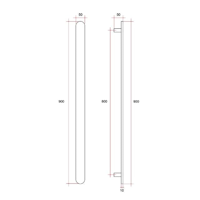 Technical drawing of Thermogroup brushed nickel vertical single heated towel rail, 900mm high and 50mm wide, front and side views
