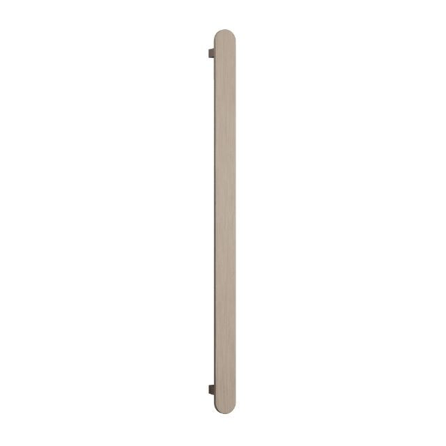 Thermogroup brushed nickel vertical single heated towel rail with flat pill oval profile on white background