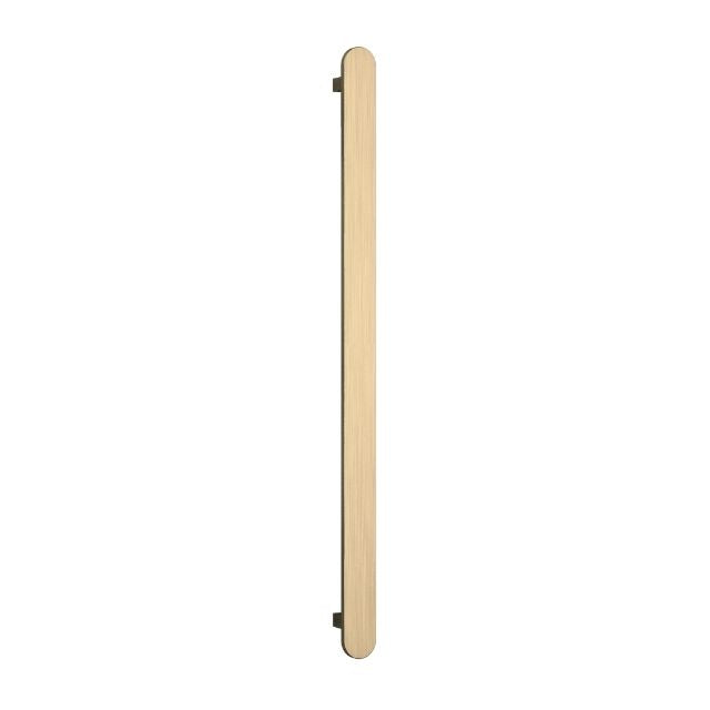 Thermogroup vertical heated towel rail in brushed brass, slim oval single-bar rail on white background