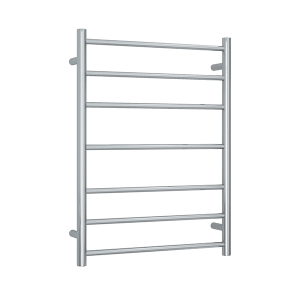Thermogroup brushed stainless steel round heated towel rail, 7-bar ladder, 600mm wide, front view