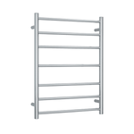 Thermogroup brushed stainless steel round heated towel rail, 7-bar ladder, 600mm wide, front view