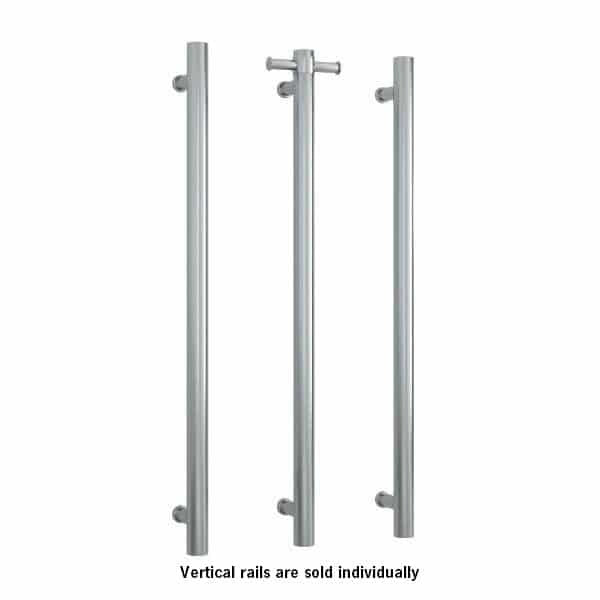 Thermogroup brushed stainless vertical heated towel rail, round single bar, shown in three positions