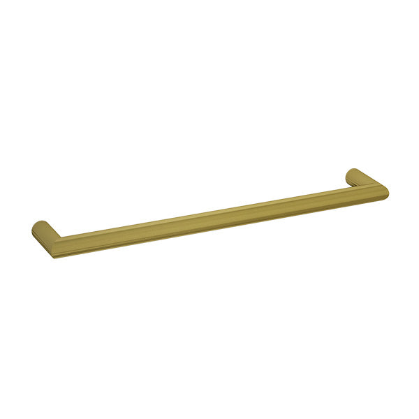 Thermogroup single heated towel rail in brushed gold, 632mm, shown on a white background.