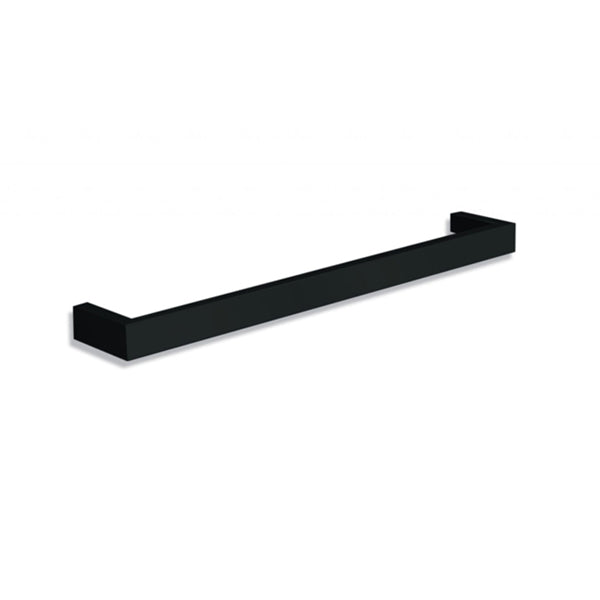 Thermogroup 12V single heated towel rail, matte black round bar, angled on white background