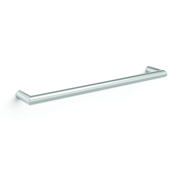 Thermogroup single heated towel rail, polished stainless steel round bar, 632mm, angled view on white background