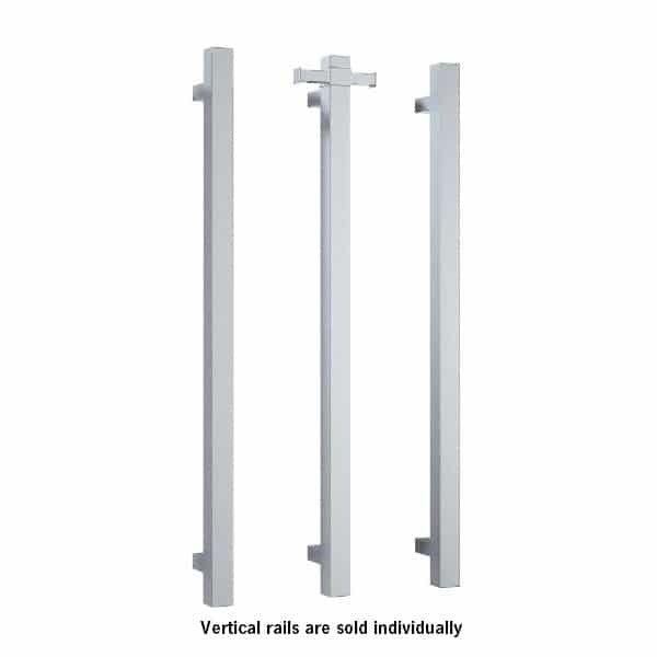 Thermogroup polished stainless steel vertical single bar heated towel rail, shown in three angles on white background