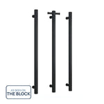 Thermogroup matte black vertical single bar heated towel rail, shown front-on with three rails on white background