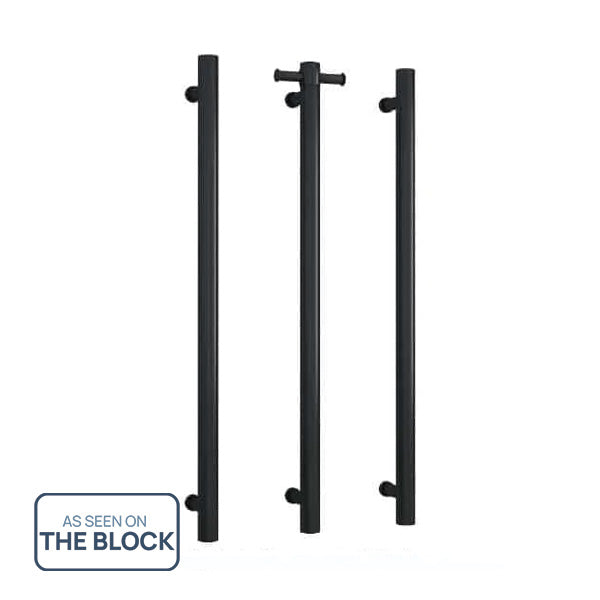 Thermogroup matte black vertical single bar heated towel rail, shown front-on with three rails on white background