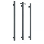 Thermogroup gunmetal heated towel rail, straight round vertical single bar shown in three front views