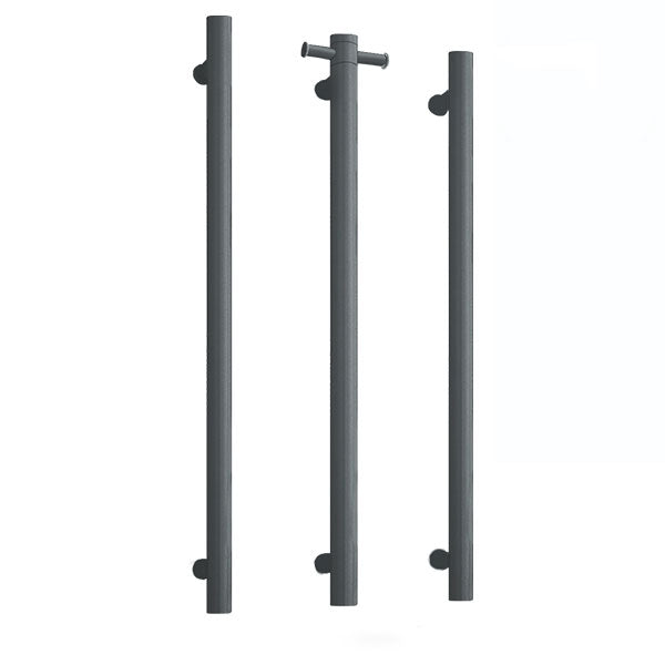 Thermogroup gunmetal heated towel rail, straight round vertical single bar shown in three front views