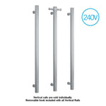 Thermogroup stainless steel vertical single bar heated towel rail with 240V badge, shown with removable hook, white background