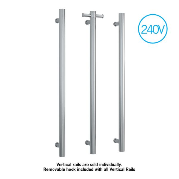 Thermogroup stainless steel vertical single bar heated towel rail with 240V badge, shown with removable hook, white background
