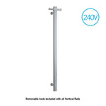 Thermogroup brushed stainless steel vertical single bar heated towel rail, 240V, with removable hook