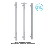 Thermogroup stainless steel vertical single bar heated towel rail, 240V, shown with removable hook