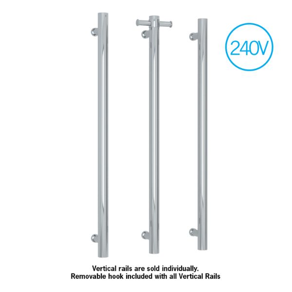 Thermogroup stainless steel vertical single bar heated towel rail, 240V, shown with removable hook