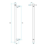 Thermogroup vertical single bar heated towel rail technical drawing with dimensions, stainless steel round bar in side and front views
