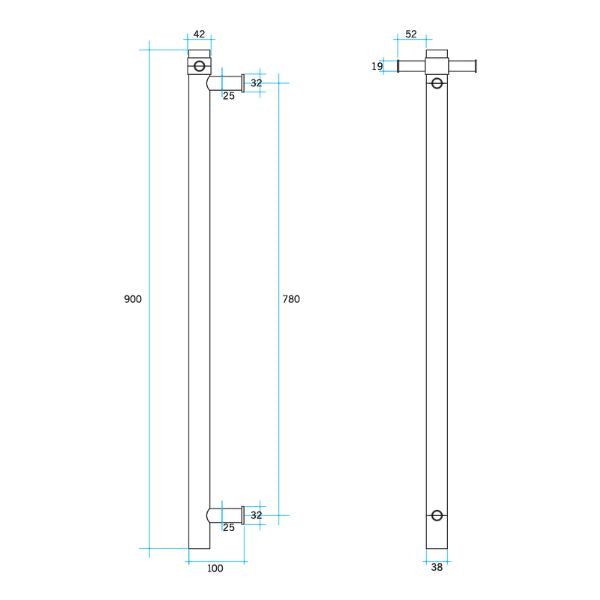 Thermogroup vertical single bar heated towel rail technical drawing with dimensions, stainless steel round bar in side and front views