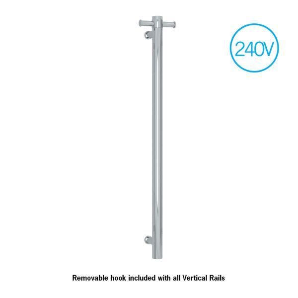 Thermogroup 240V vertical single bar heated towel rail in polished stainless steel, with removable hook and 240V badge