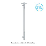 Thermogroup 240V vertical single bar heated towel rail in polished stainless steel, with removable hook and 240V badge