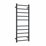Thermogroup matte black straight round heated towel ladder, 10-bar wall-mounted rail on white background