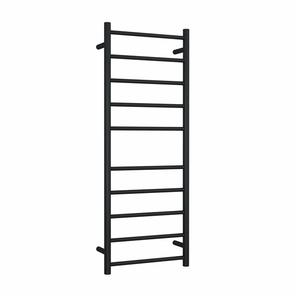 Thermogroup matte black straight round heated towel ladder, 10-bar wall-mounted rail on white background