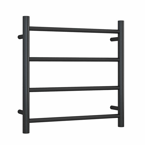 Thermogroup black round 4-bar heated towel ladder, front view on white background