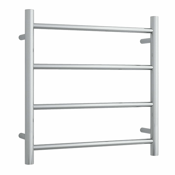 Thermogroup polished stainless steel 4-bar round heated towel ladder, front view, 550mm wide