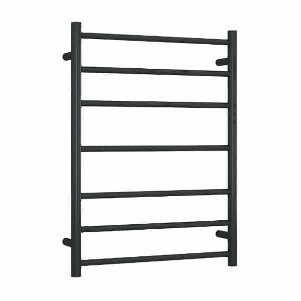 Thermogroup matte black heated towel rail with 7 bars, straight round 600mm ladder style