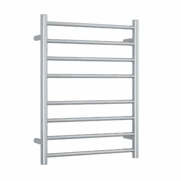 Thermogroup 8-bar polished stainless steel heated towel ladder, vertical round rails on a white background