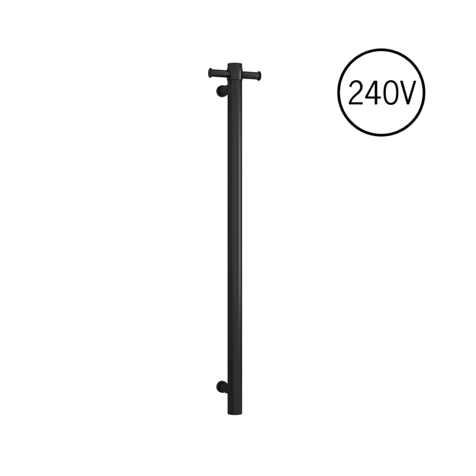 Thermogroup matte black vertical single bar heated towel rail, 240V, shown on white background