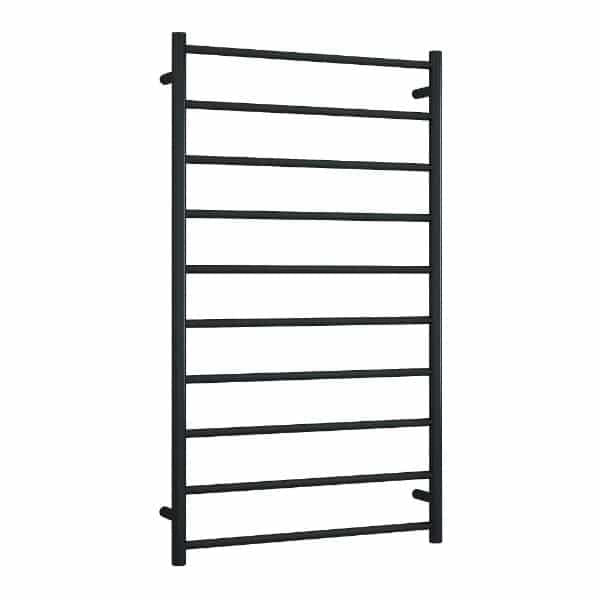 Thermogroup matte black 10-bar round heated towel ladder, straight wall-mounted rail on white background