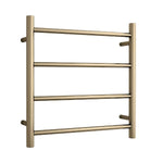 Thermogroup 4-bar round heated towel ladder in brushed brass, 550mm wide, front view on white background