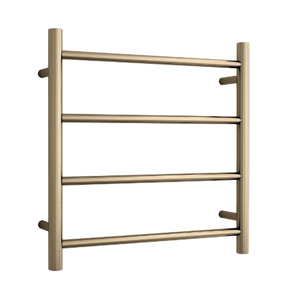 Thermogroup 4-bar round heated towel ladder in brushed brass, 550mm wide, front view on white background