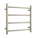 Thermogroup 4 bar round heated towel ladder in brushed nickel, wall-mounted towel rail on white background