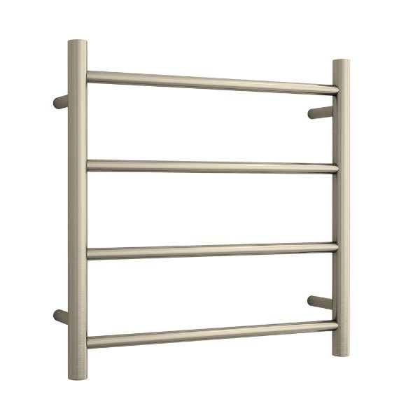 Thermogroup 4 bar round heated towel ladder in brushed nickel, wall-mounted towel rail on white background
