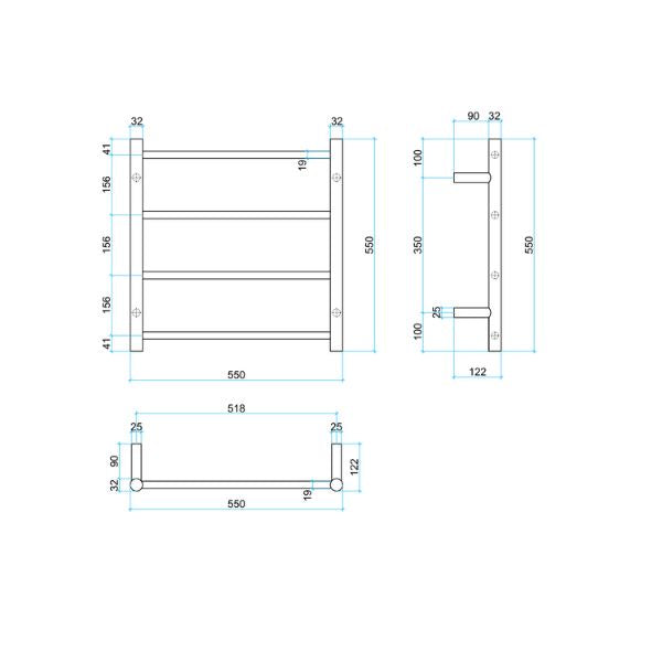 Thermogroup 4 bar heated towel ladder technical drawing, 550mm x 550mm, brushed nickel, round profile, front and side views