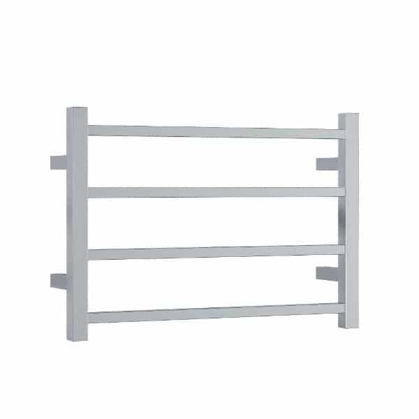 Thermogroup 4 bar square heated towel ladder, stainless steel, straight 600mm rail, front view on white background