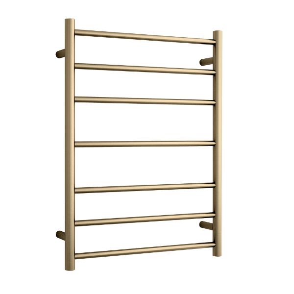 Thermogroup 7 bar heated towel ladder in brushed brass, wall-mounted bathroom rail with round bars