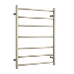 Thermogroup 7-bar heated towel ladder in brushed nickel, front view, with round rails and 600mm width