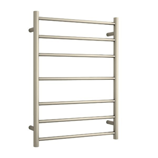 Thermogroup 7-bar heated towel ladder in brushed nickel, front view, with round rails and 600mm width