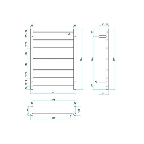 Thermogroup 7 bar heated towel ladder technical drawing, brushed brass, 600mm wide x 800mm high, front and side views with dimensions