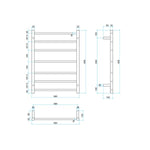 Technical drawing of a Thermogroup 7 bar heated towel ladder, 600mm wide, brushed nickel, with dimensions shown.