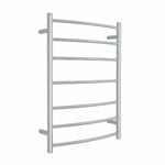 Thermogroup curved heated towel ladder in polished stainless steel, 7-bar round rail, front view on white background
